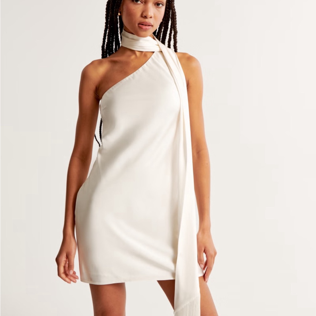 White One-Shoulder Slip Dress With Scarf